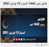 السبت 13 فبراير هو فاتح رجب 1442